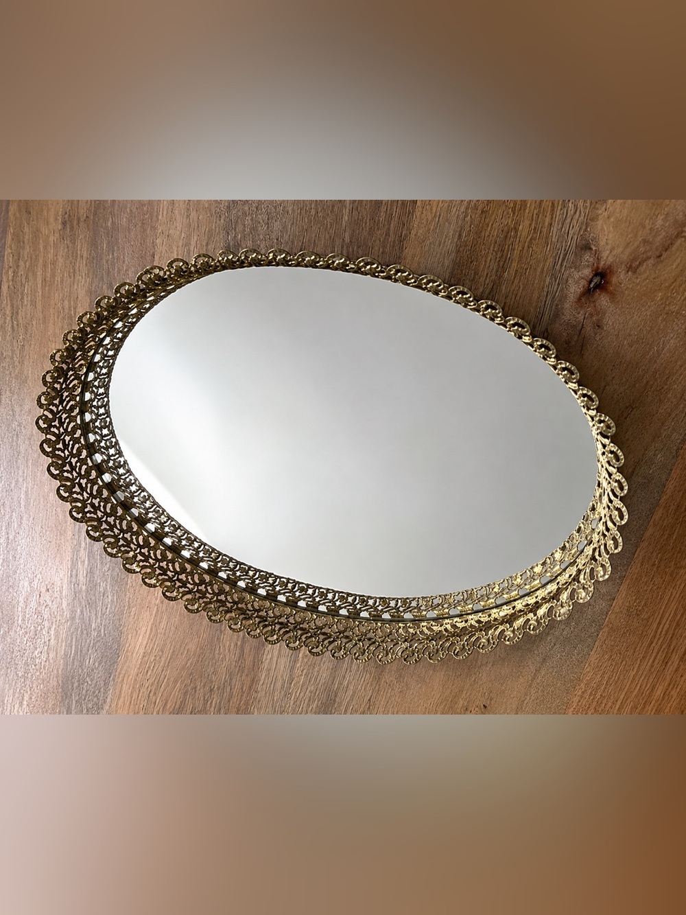 Vintage Oval Mirrored Vanity Tray Ornate Gold Filigree Hollywood Regency - Picture 2 of 4